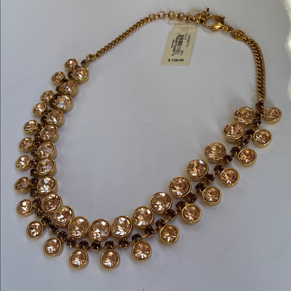 $128 Fossil “Silk Glitz” Crystal and Rhinestone Necklace. Gold Tone Stainless